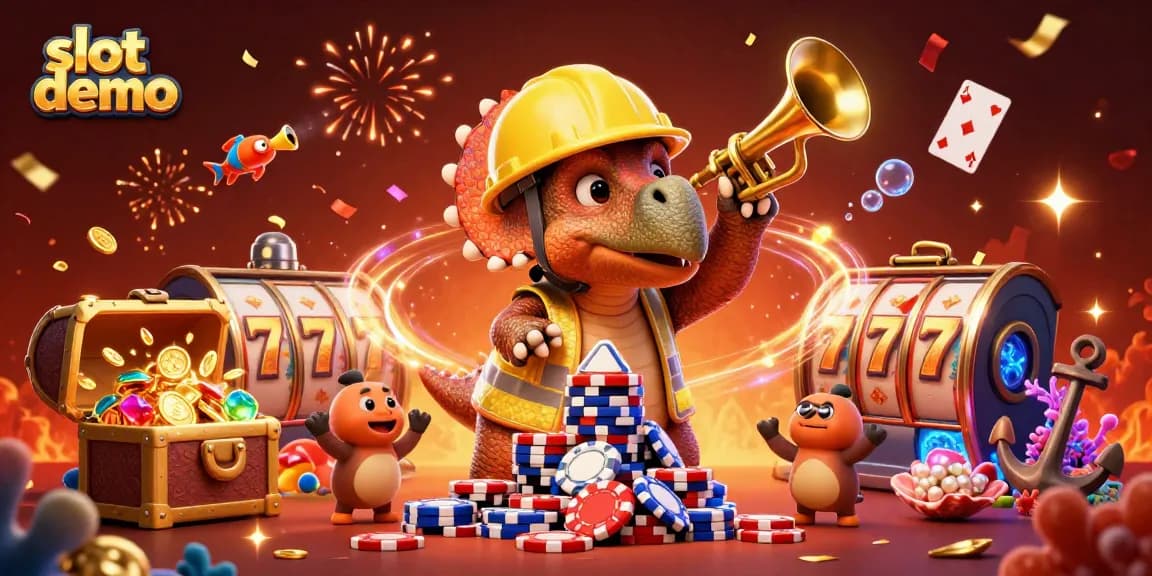 Slot demo menampilkan dinosaurus merayakan kemenangan di kasino digital.