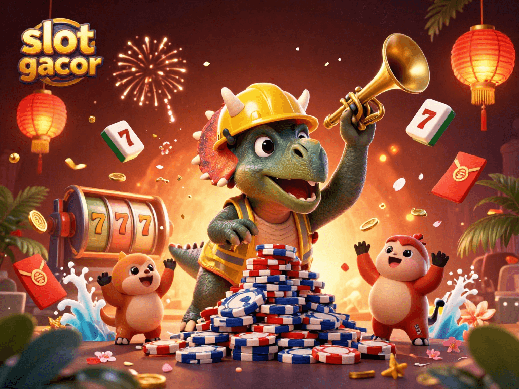 Spin the slot gacor reels with a triceratops creating poker chip towers in a festive casino scene.