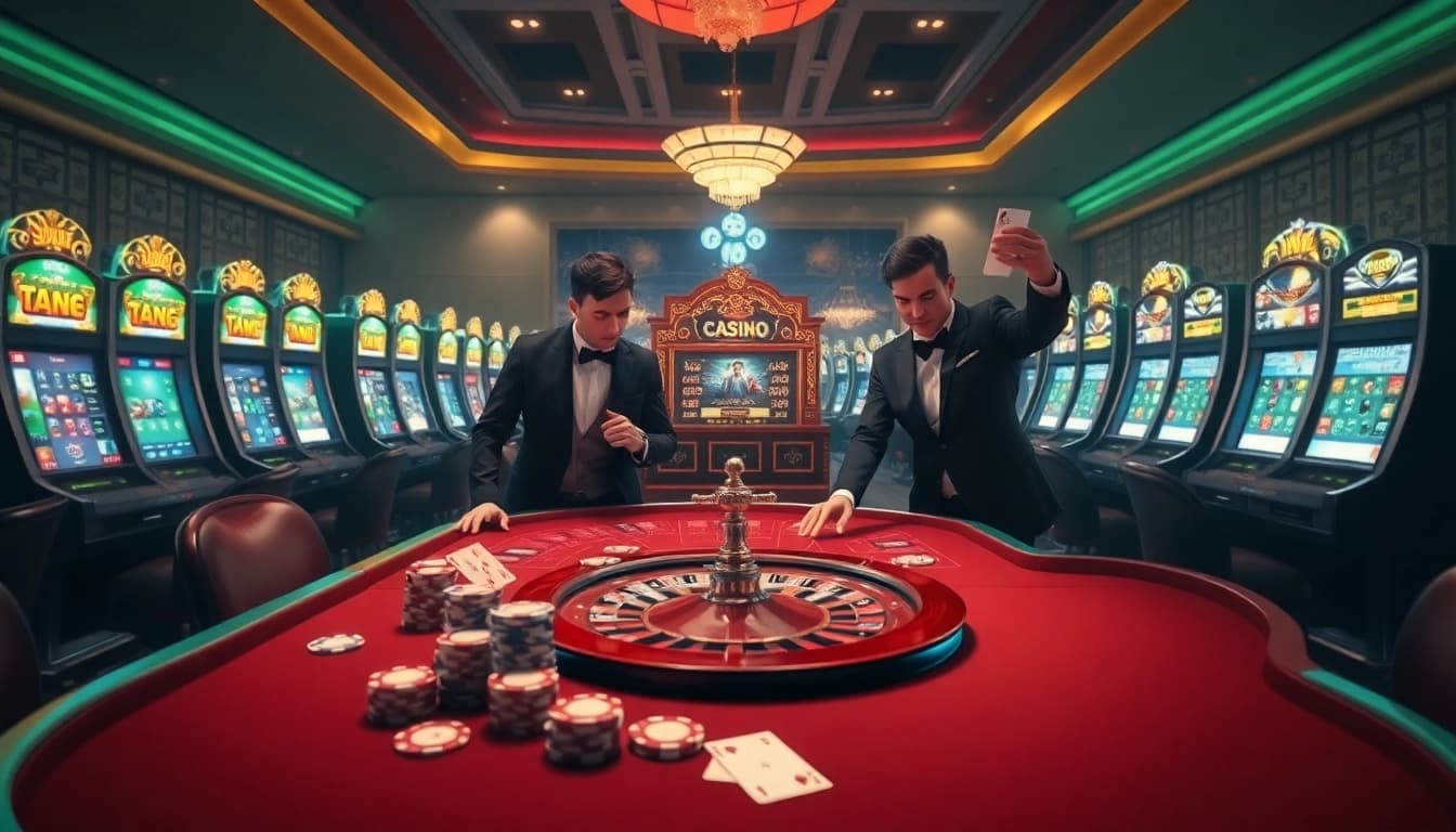 Nohudoithuong casino table with poker chips and roulette wheel, showcasing luxury and excitement.