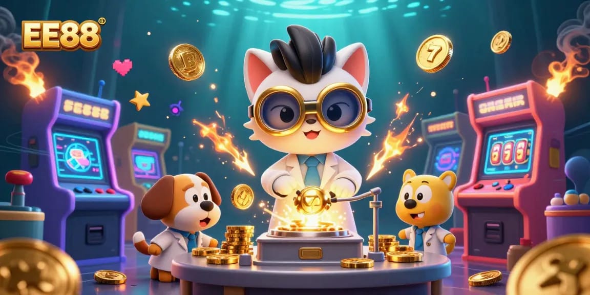 Experience the excitement of EE88 with our colorful casino-themed illustration.