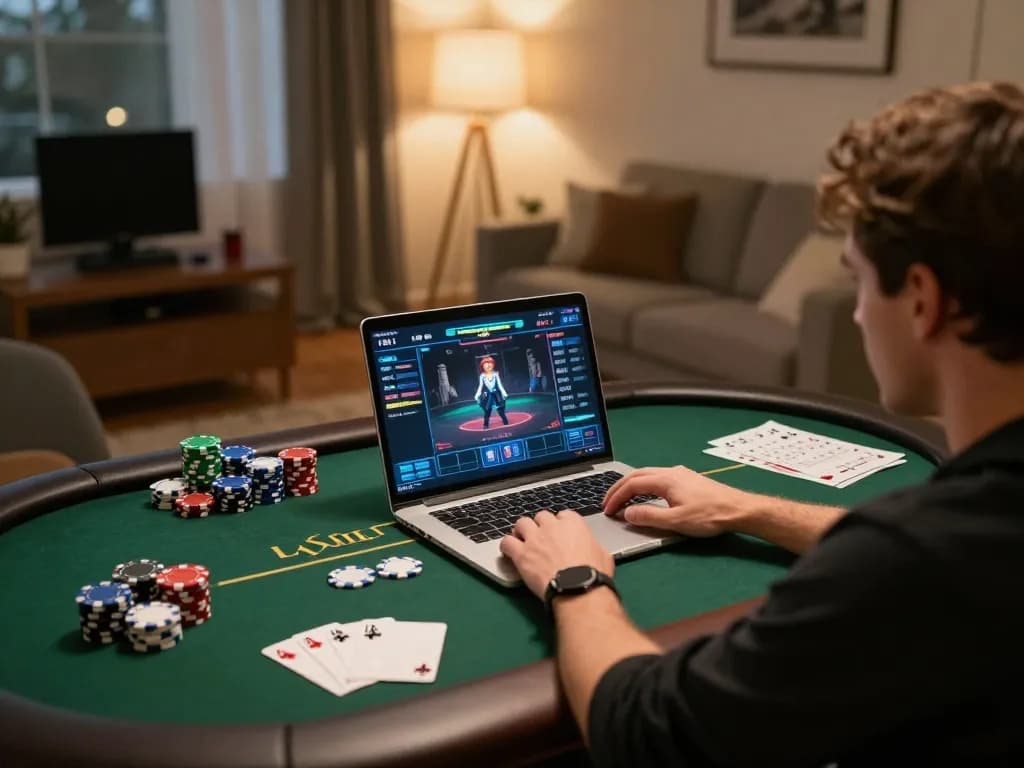 Engaged player enjoying 789f nhà cái gaming experience at home with a laptop and poker chips