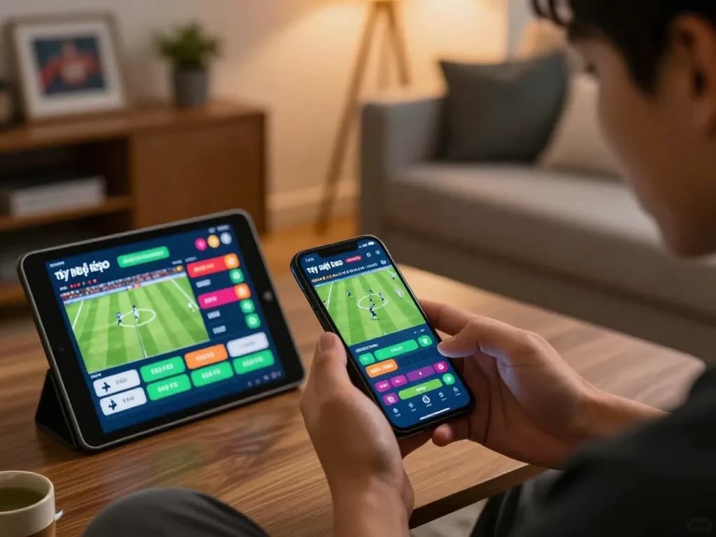 Tỷ lệ kèo nhà cái hôm nay displayed on smartphone as user engages in live sports betting from home.