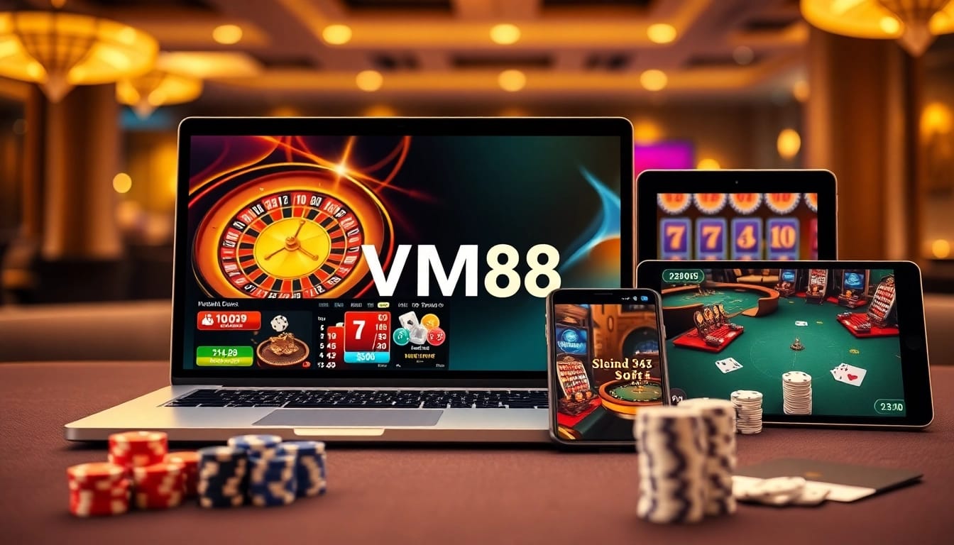 VM88 casino interface displaying winning bets and spinning roulette wheel with glowing chips