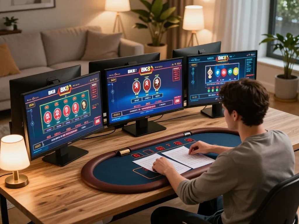 Engaged user strategizing for BK8 gaming on multiple screens at home, reflecting modern online gambling.