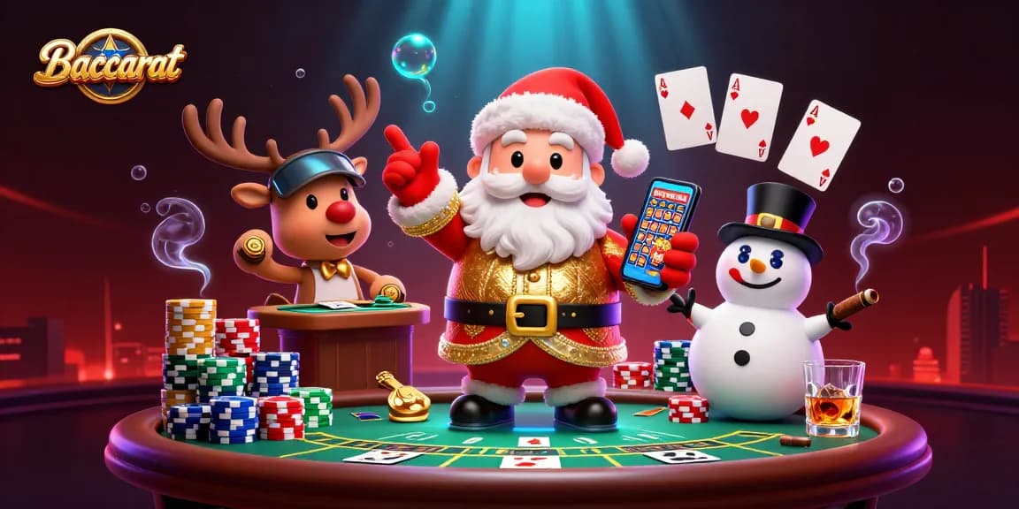 Baccarat table scene featuring characters in casino attire, showcasing engaging gameplay and vibrant atmosphere.