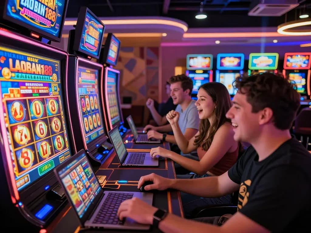Adegan permainan kasino online yang menarik menampilkan pemain LAOBAN188 menikmati slot dengan grafik yang cerah.