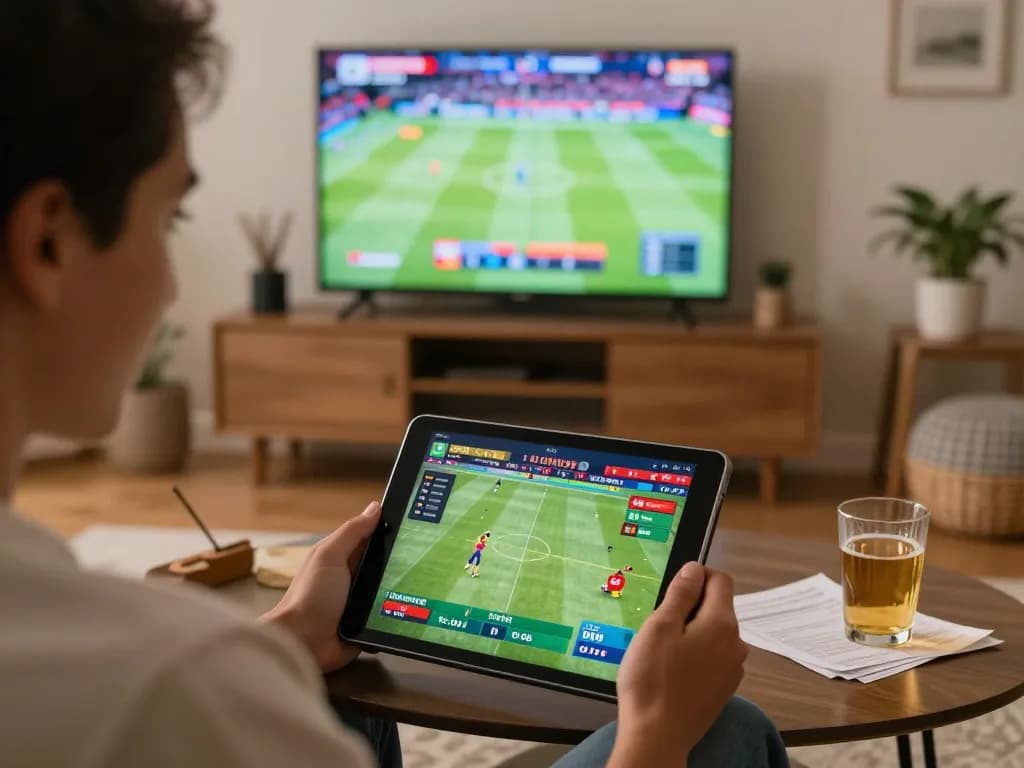 Engaging in sports betting with lv88seo on a tablet in a cozy living room.