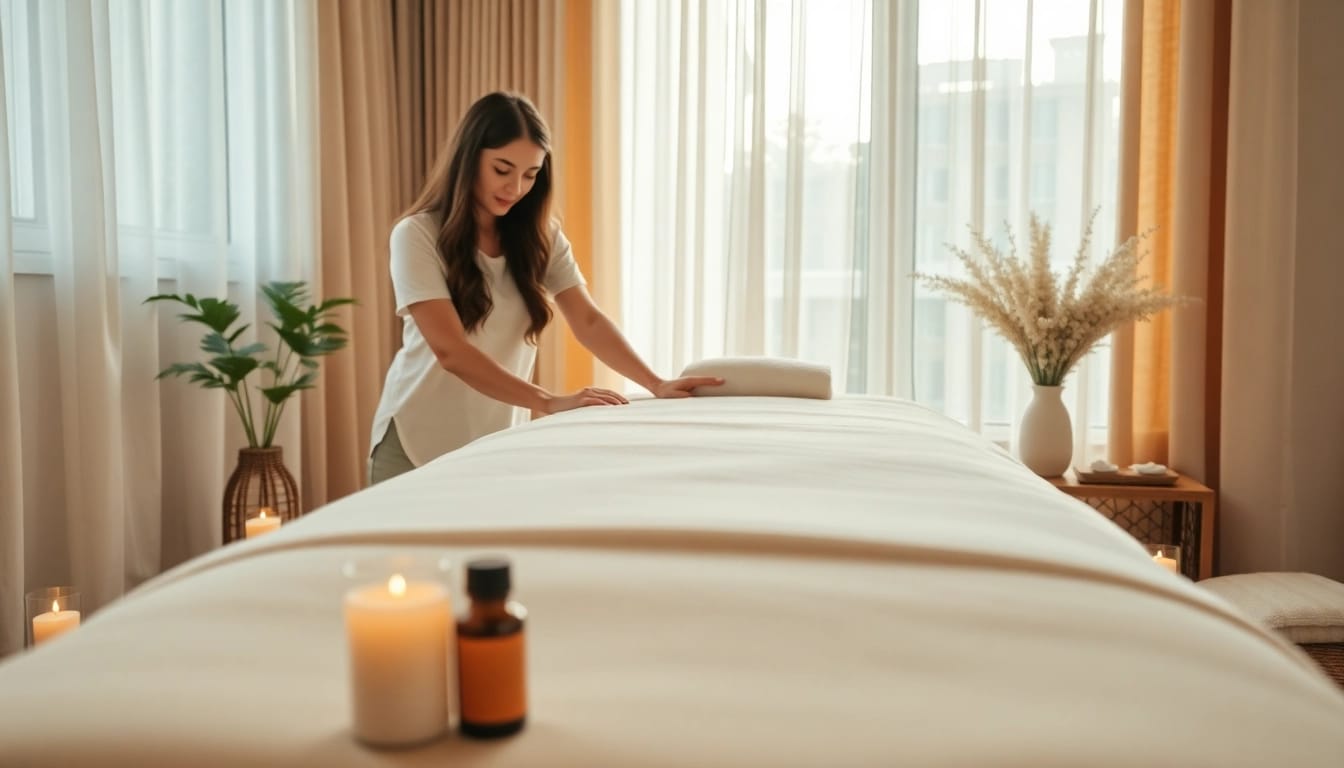 Experience calming relaxation through 오산출장마사지 with a young therapist in a serene setting.