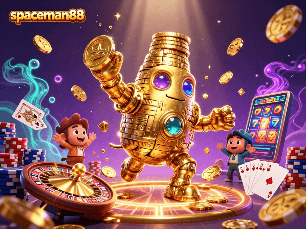 Spin the reels with spaceman88 as the golden golem comes to life in a vibrant casino scene.