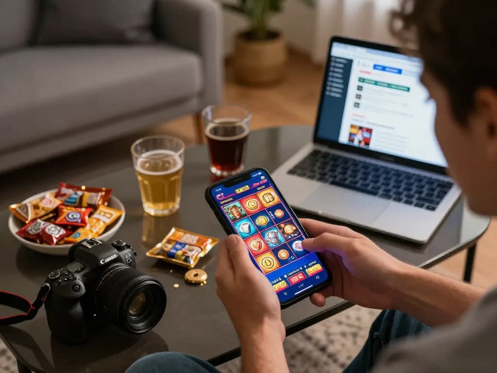 Pemain yang terlibat mengeksplorasi opsi slot pulsa di perangkat seluler dalam suasana nyaman di rumah.
