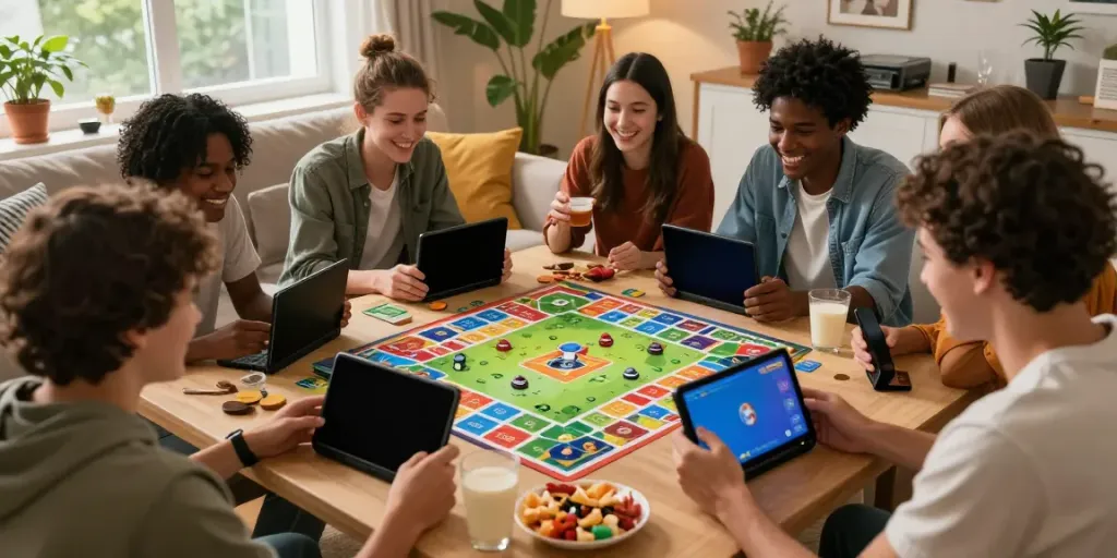 Friends enjoying a lively game of rumble rummy on a smartphone in a cozy living room.