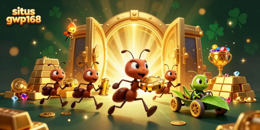 Ant tim 3D situs gwp168 sedang melakukan pencurian chip poker emas besar di terowongan.