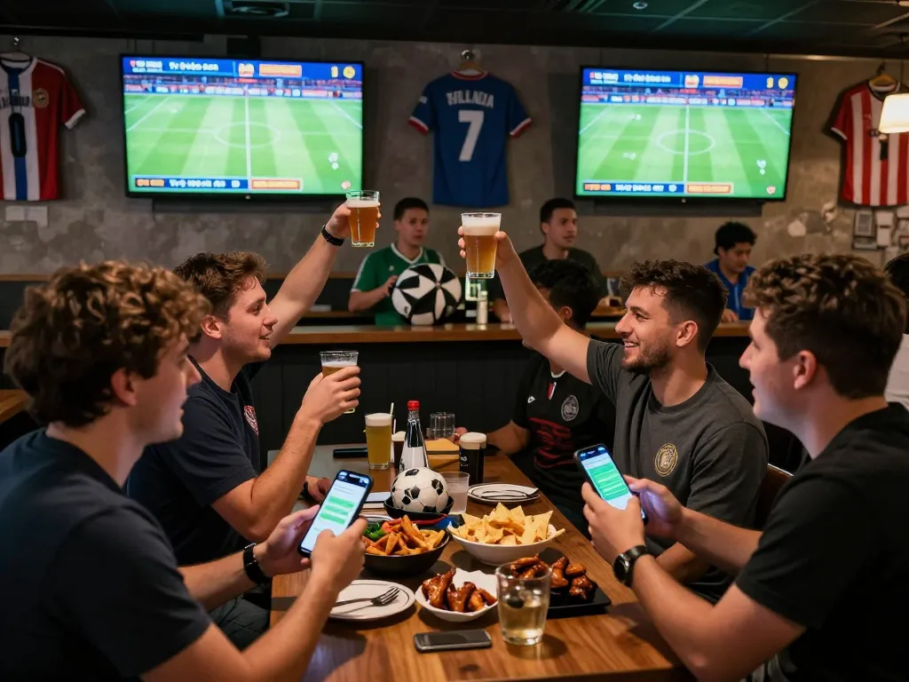 Tỷ lệ kèo bóng đá displayed on screens in a lively pub with fans cheering during a football match.