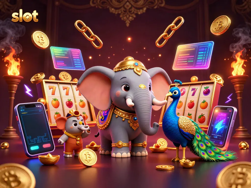 Spin the slot reels with colorful elephant and peacock in a dynamic casino-themed scene.