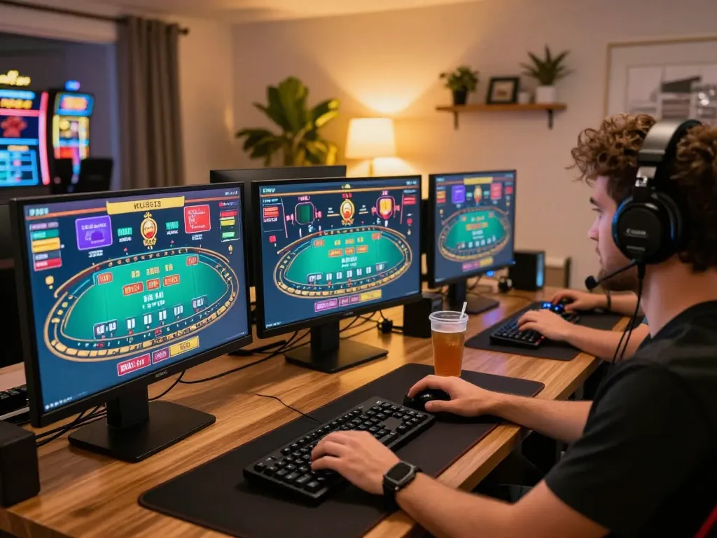 Player immersed in online casino games at KU3933, showcasing a dynamic gaming setup with live blackjack and vibrant slot displays.
