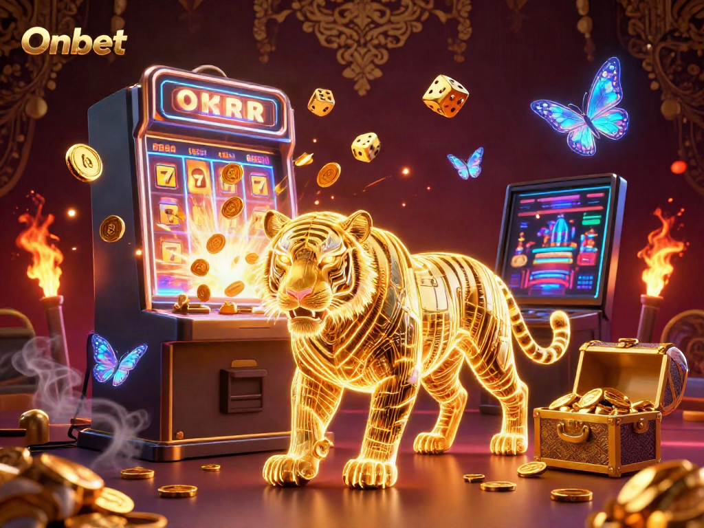 Experience exhilarating gameplay at Onbet with vibrant visuals of a neon tiger, slot machines, and golden treasures.