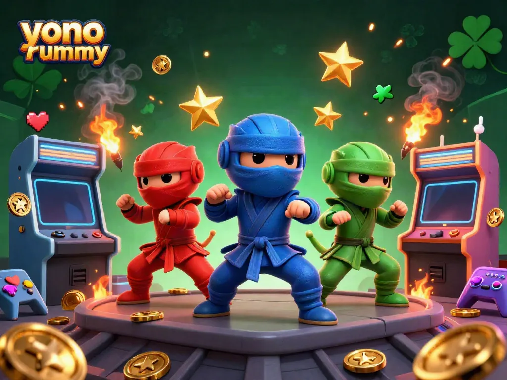 Geng ninja kameleon melakukan pose seni bela diri dalam aplikasi Yono Rummy, menyebarkan elemen permainan.