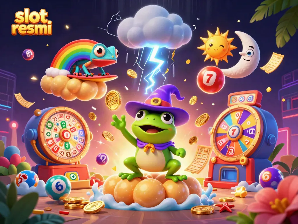 Experience the thrill of slot resmi with a wizard frog and chameleon surrounded by vibrant casino elements.