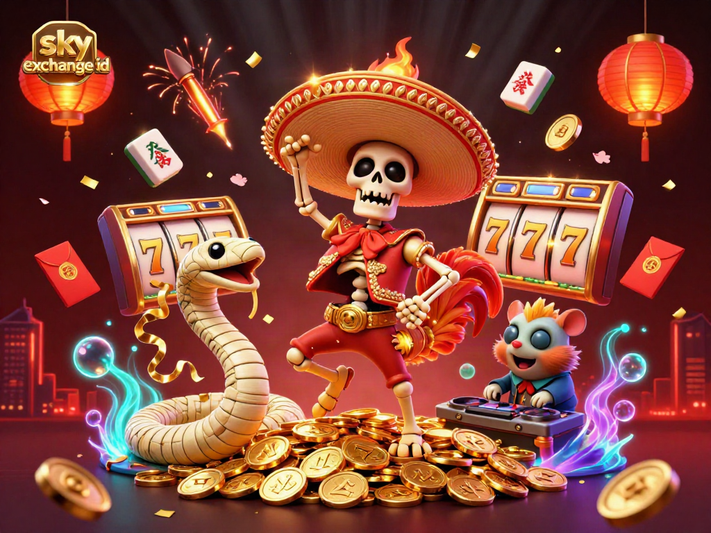 Engage with the lively scene of a sky exchange id celebration featuring a vibrant skeleton mariachi rooster, gold coins, and slot reels.