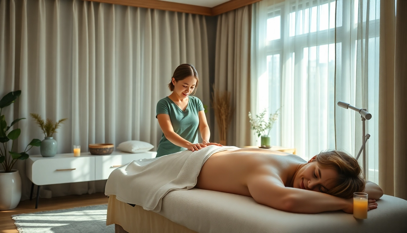 Relaxing 오산출장마사지 session with a young therapist in a serene home environment.