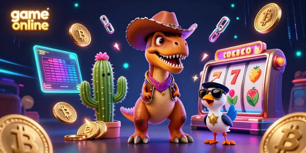 Join a thrilling adventure with a cowboy dinosaur in a vibrant casino atmosphere while playing game online.
