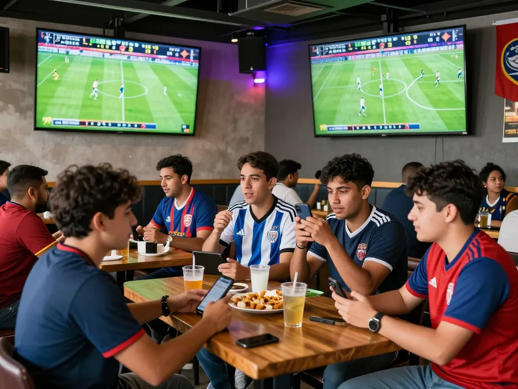 Excited fans at a sports bar watching live football scores on Nowgoal.