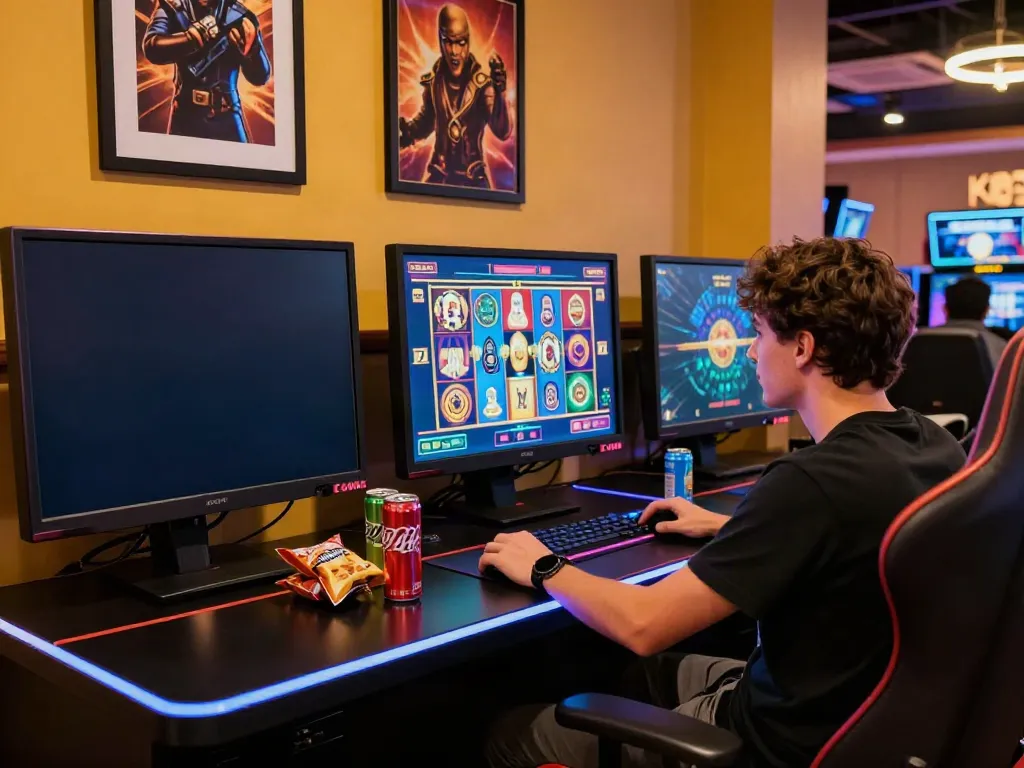 Exciting online gaming experience on akunjp with colorful slot game and snacks.