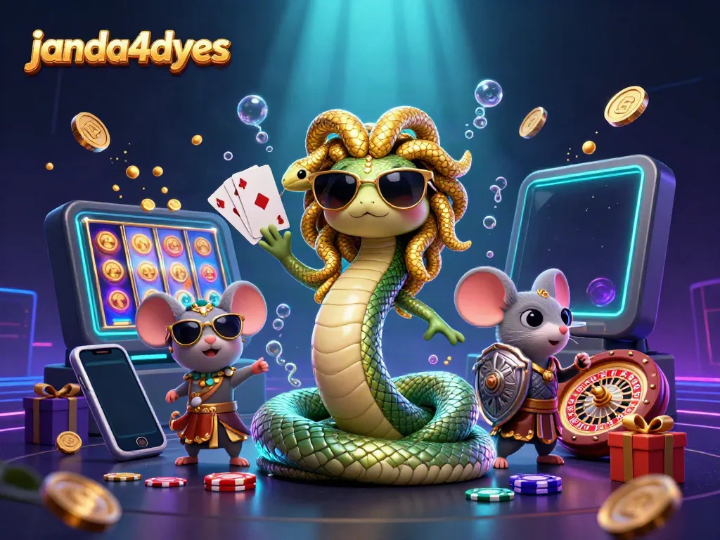 Gambarkan pengalaman bermain janda4dyes dengan Medusa dan mouse pejuang, slot warna-warni dan koin emas.