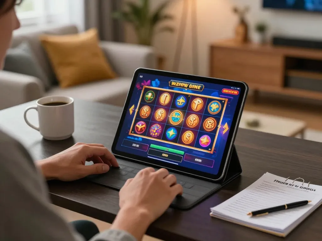 Engaging in slot gaming on aman788 platform from a cozy home setup with vibrant atmosphere