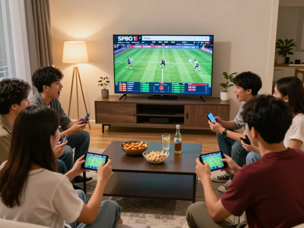 Teman-teman menikmati malam yang mendebarkan dengan taruhan olahraga dan skor langsung SPBO 1 yang ditampilkan.