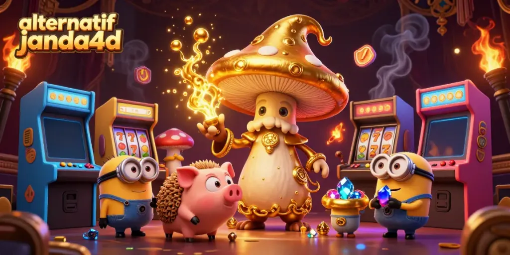 Menggali keberuntungan dengan alternatif janda4d melalui ilustrasi 3D yang menampilkan pesulap jamur emas dan simbol slot keberuntungan.