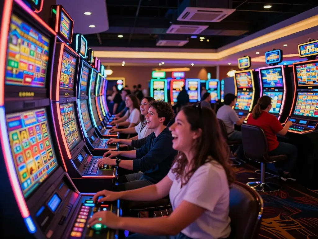 Players engaging with slot machines in an exciting casino atmosphere, vividly colored displays and lights enhancing the gaming experience.