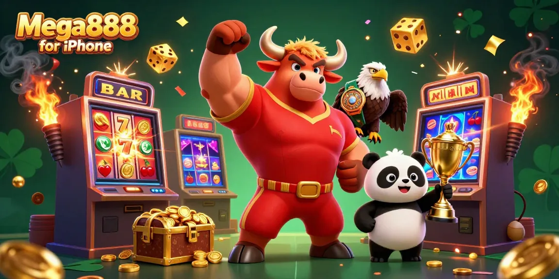 Win big with Mega888 for iPhone: a victory pose by a bull mascot and eagle at a vibrant casino.