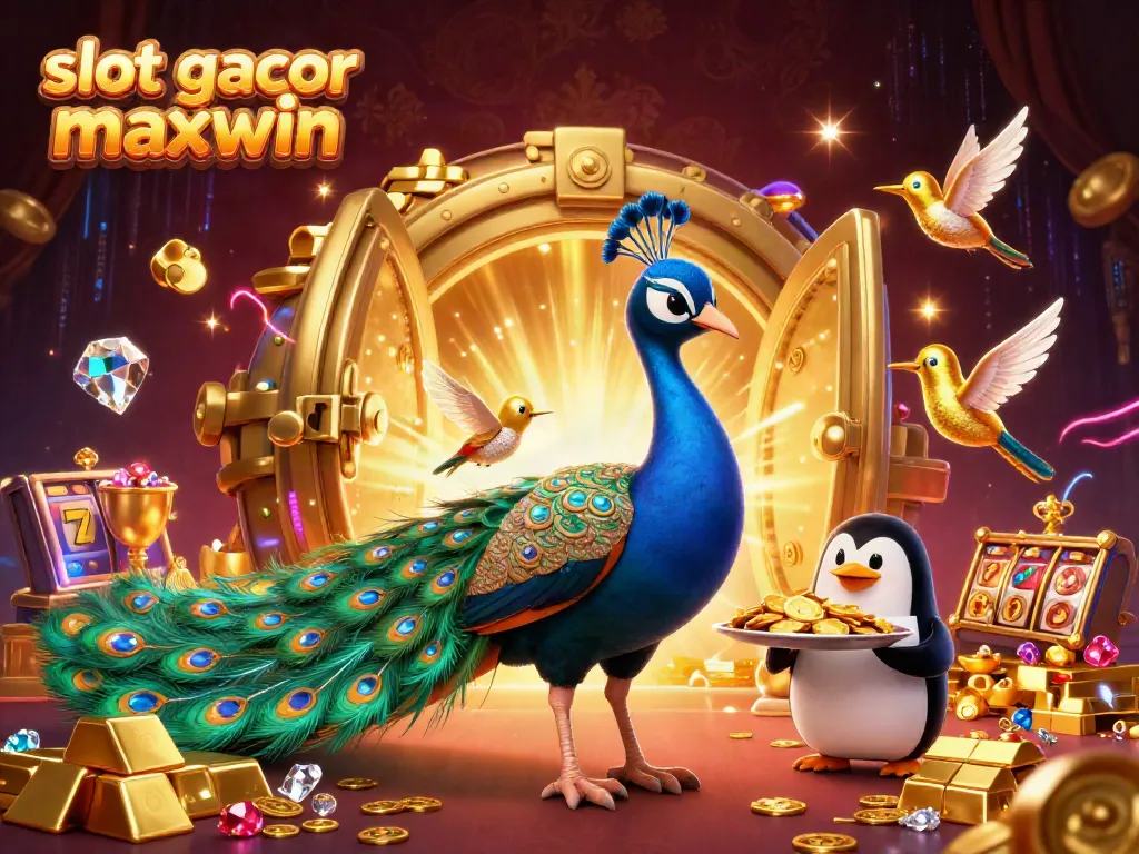 Slot gacor maxwin terbaru menampilkan burung merak dan penguin dengan koin emas.