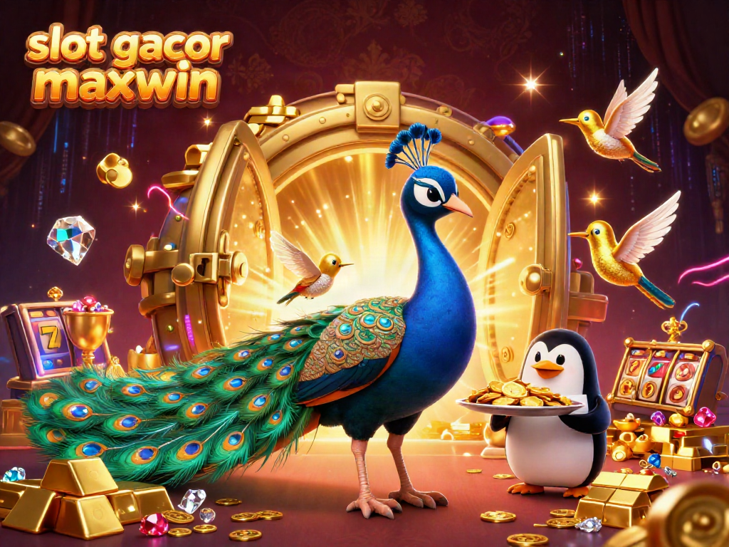 Slot gacor maxwin terbaru menampilkan burung merak dan penguin dengan koin emas.