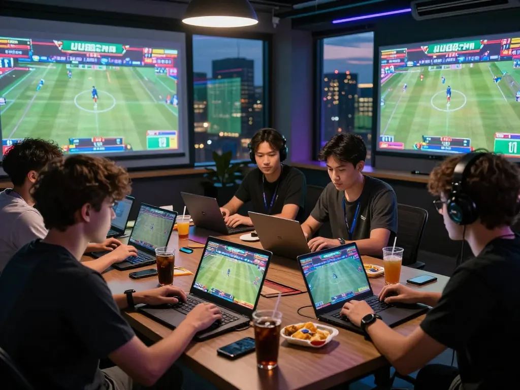 Friends enjoying a sports betting session on UU88.COM with laptops and lively graphics.