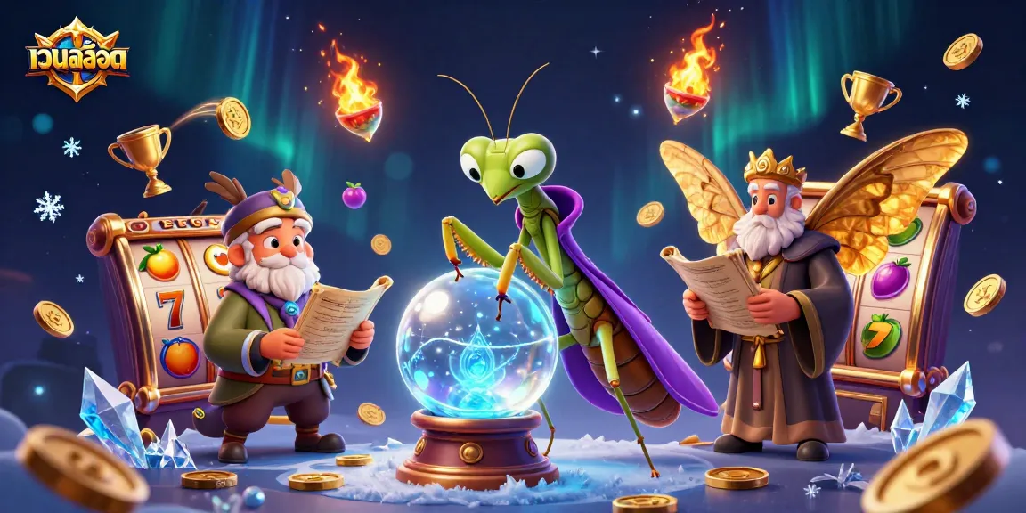 Engage in เว็บสล็อต fun with a vibrant 3D scene featuring a fortune teller and lucky symbols.