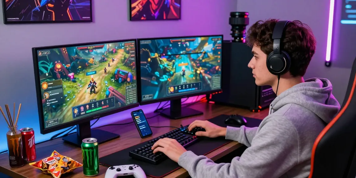 Engaged gamers initiating Raja Game login on dual monitors with vibrant game graphics.
