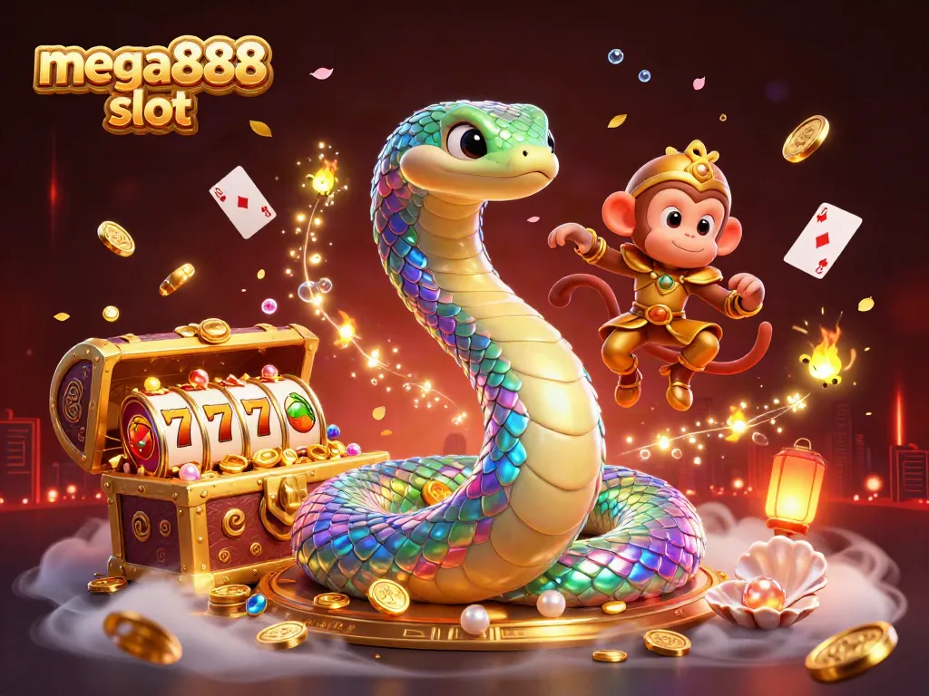 Experience thrilling mega888 slot action with colorful game symbols and vibrant characters in a dynamic casino scene.