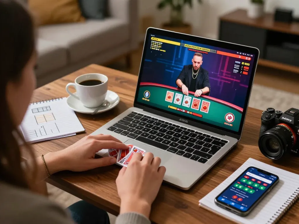 Player betting on nk88 baccarat game on laptop, enjoying strategic home gaming experience.