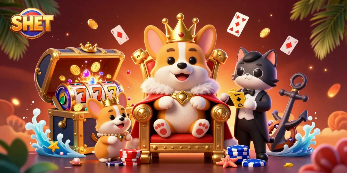 Engage with SH BET's thrilling casino theme, featuring a royal corgi and vibrant game elements.