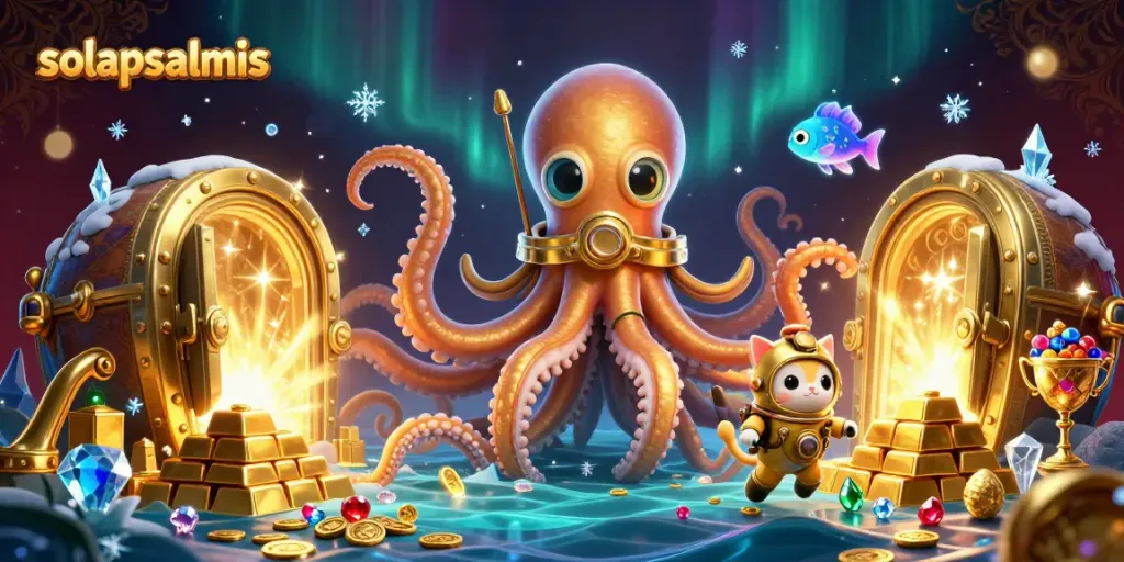 Experience thrilling wins at solapsalmis, where a colossal kraken guards treasures in a dynamic casino scene!