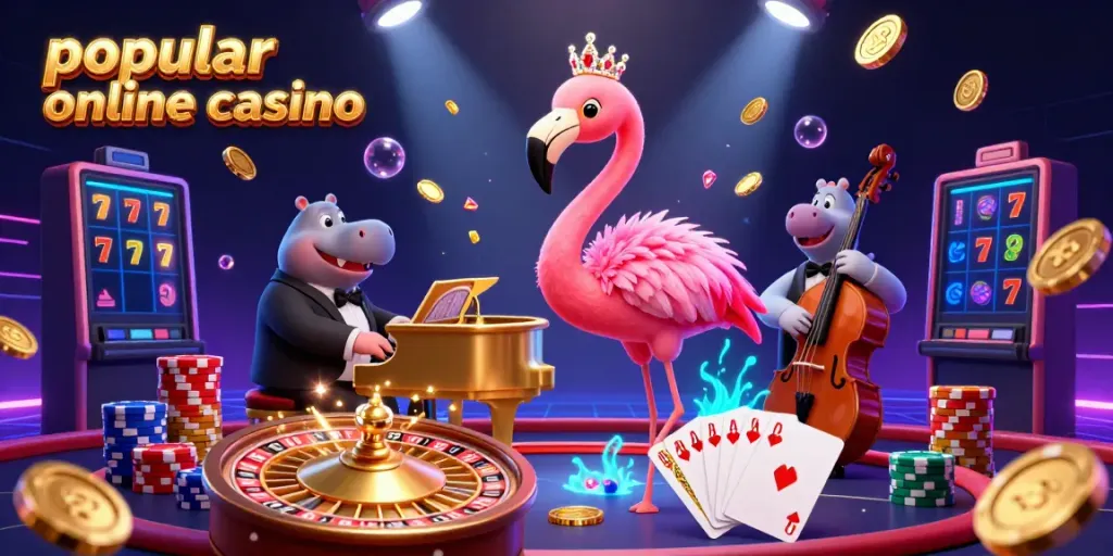 Experience the thrills of a popular online casino with a vibrant cartoon scene filled with a flamingo singer, hippo bassist, dazzling coins, and spinning roulette.