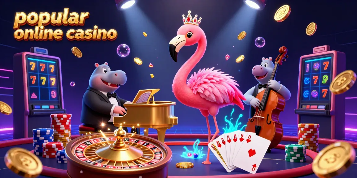 Experience the thrills of a popular online casino with a vibrant cartoon scene filled with a flamingo singer, hippo bassist, dazzling coins, and spinning roulette.