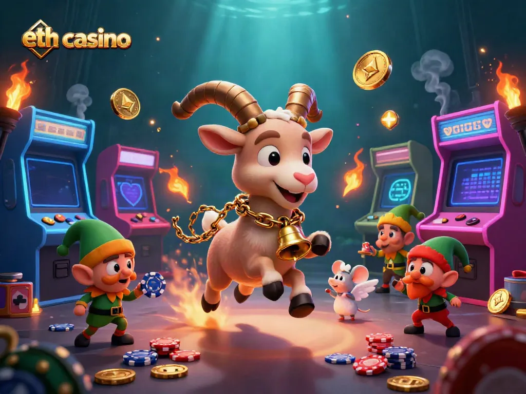 Experience the excitement of eth casino with Krampus and friends in a vibrant 3D illustration.