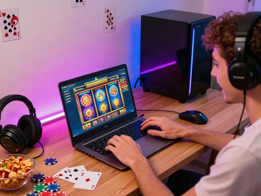 Sesi permainan judi slot pragmatic gacor online di rumah dengan laptop menarik dan aksesoris.
