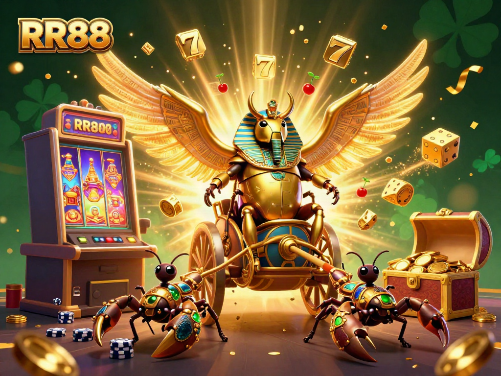 Engage in thrilling gameplay with RR88's vibrant 3D illustration showcasing a golden scarab and dynamic casino elements.