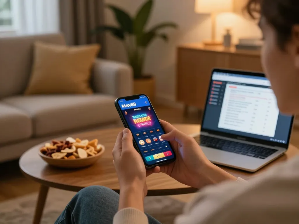 Engaging in đăng ký may88 while using a smartphone in a cozy home setting with casino app interface