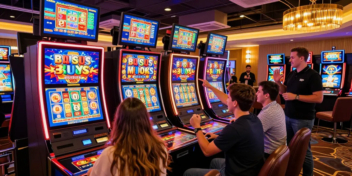 Casino gaming scene showcasing players enjoying Bonus Buy slots at chagency.co.uk, vibrant atmosphere with colorful machines.