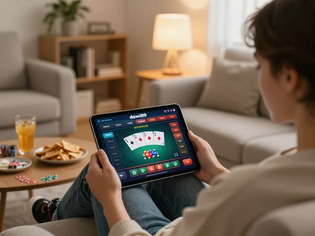 Pemain Dewi89 menikmati permainan kasino online di tablet dalam lingkungan rumah yang nyaman.
